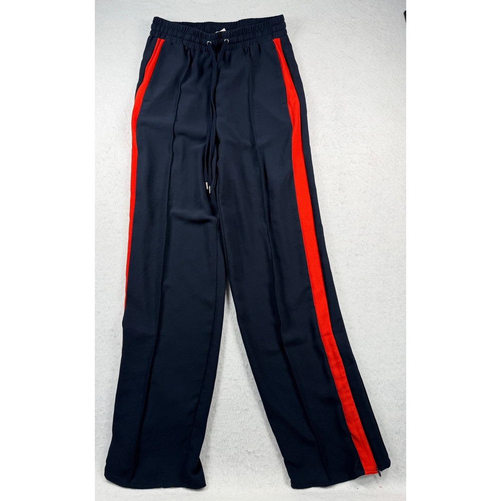 H&M Navy Blue Red Side Stripe Wide Leg Pants Trousers Sz 6 Drawstring Ankle Zip - Picture 2 of 8